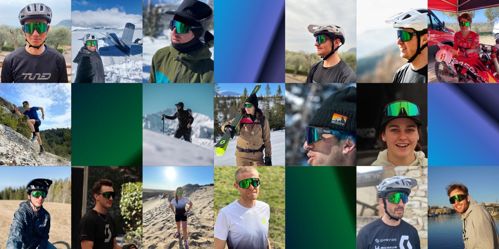 Mosaïc of SCOTT Athletes wearing the SCOTT Pro Shield Follow your vision sunglasses
